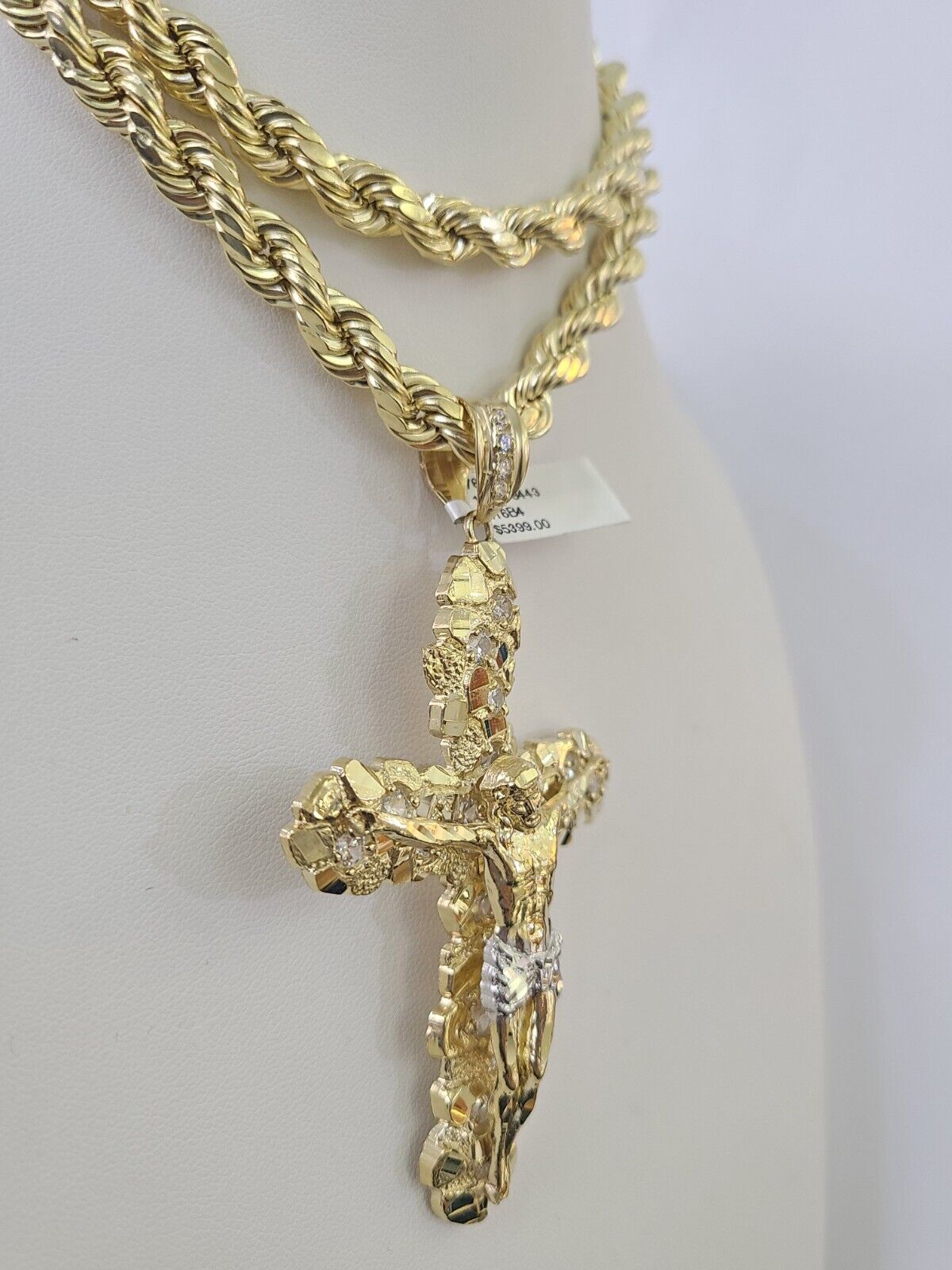 10k Yellow Gold Rope Chain Jesus Cross Charm Pendant 18-30'' Inch 8mm  Necklace