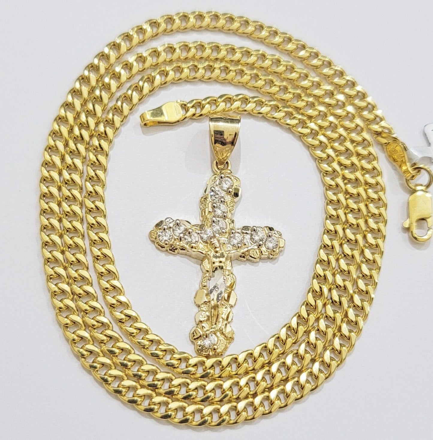 Real 10k Gold Cross Charm Pendant Chain SET 18-26" Miami Cuban Link Necklace Men