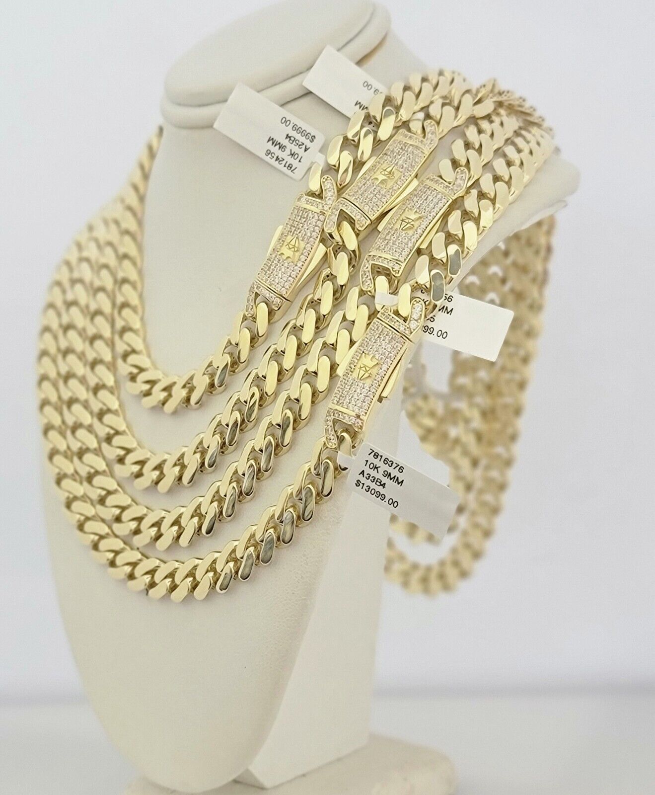 Real 10k Gold chain Cuban Link Monaco necklace 9mm 16-30 Inches CZ Box Lock 10KT