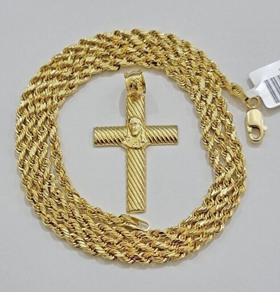 10k Yellow Gold Rope Chain Jesus Cross Charm Pendant Set 18-28'' Inches Necklace