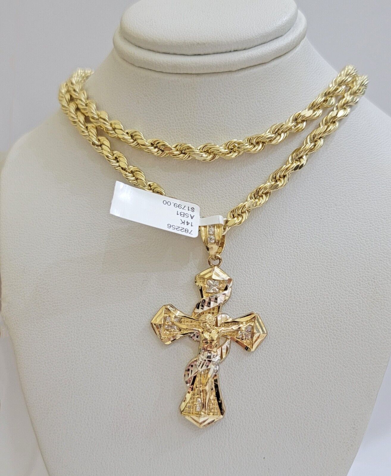 14k Gold Rope Chain Necklace Jesus Cross Charm Pendant Set 18-28" inch 5mm, REAL