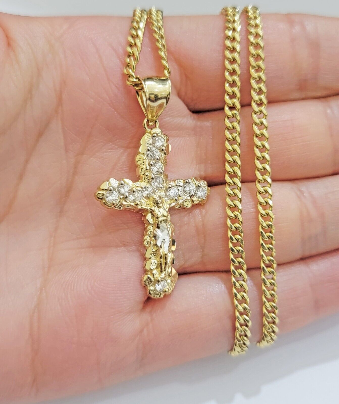 Real 10k Gold Jesus Cross Charm Chain Set Miami Cuban Link Necklace 2.5mm 18-26