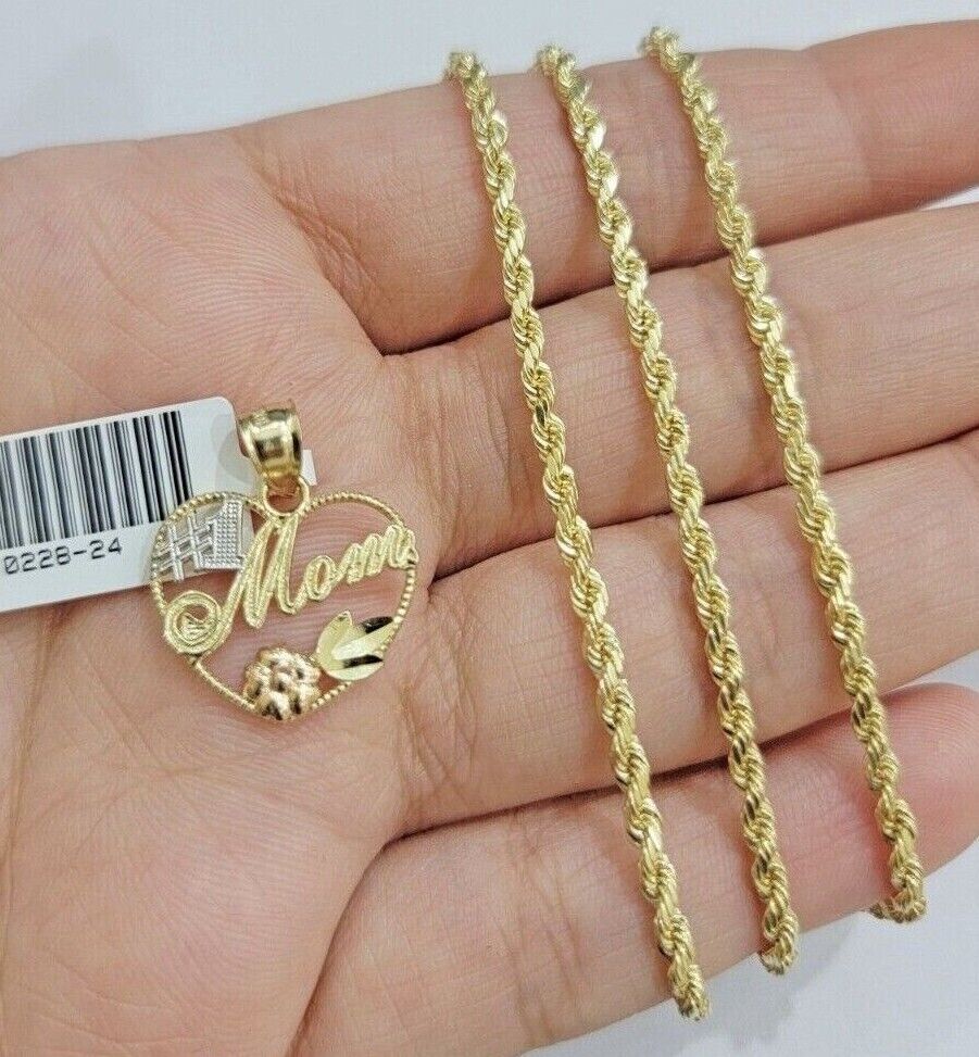 10k Gold Rope Chain Mom Heart Charm Pendant Set 16-28'' Inch 2.5mm Necklace REAL