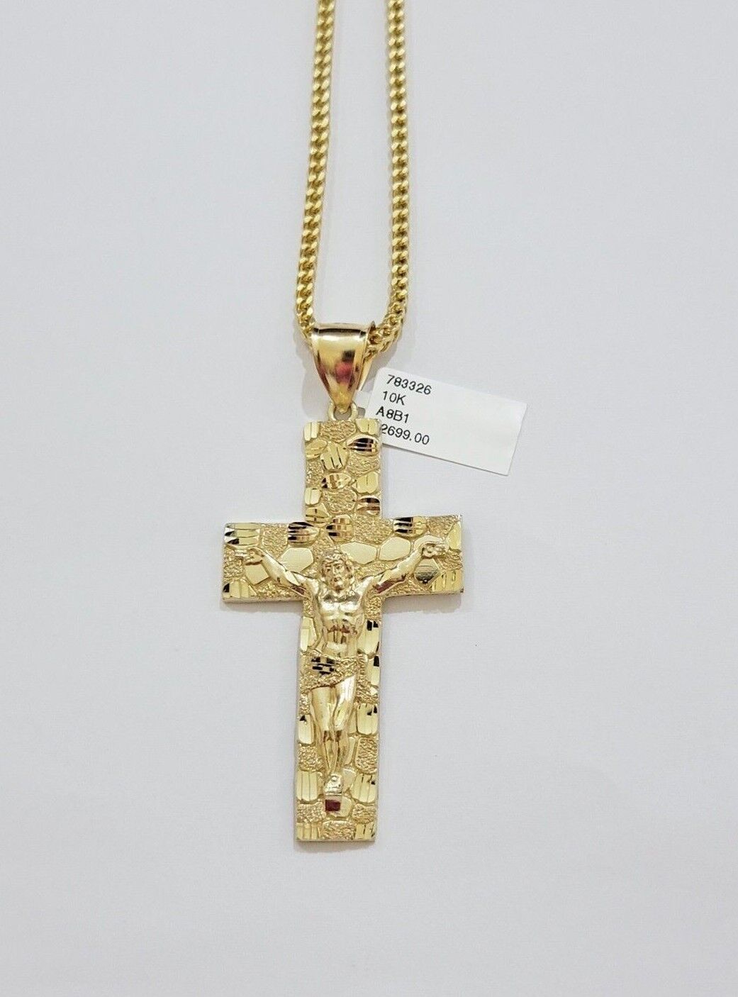 10kt Yellow Gold Franco Chain Necklace Nugget Cross Charm Pendant 3mm 18-26 Inch