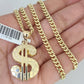 10k Gold Chain Dollar Pendant Set Miami Cuban Necklace 4mm 18"-26" Charm