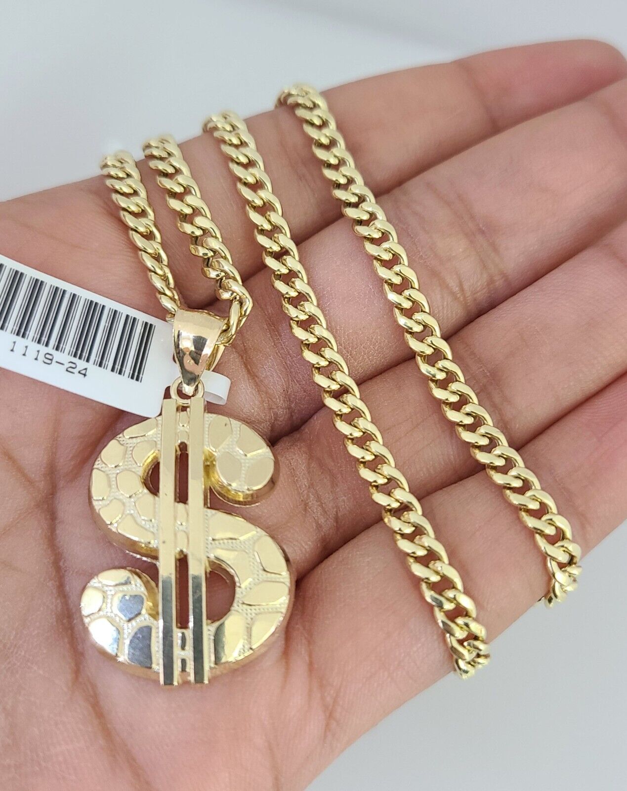 10k Gold Chain Dollar Pendant Set Miami Cuban Necklace 4mm 18"-26" Charm