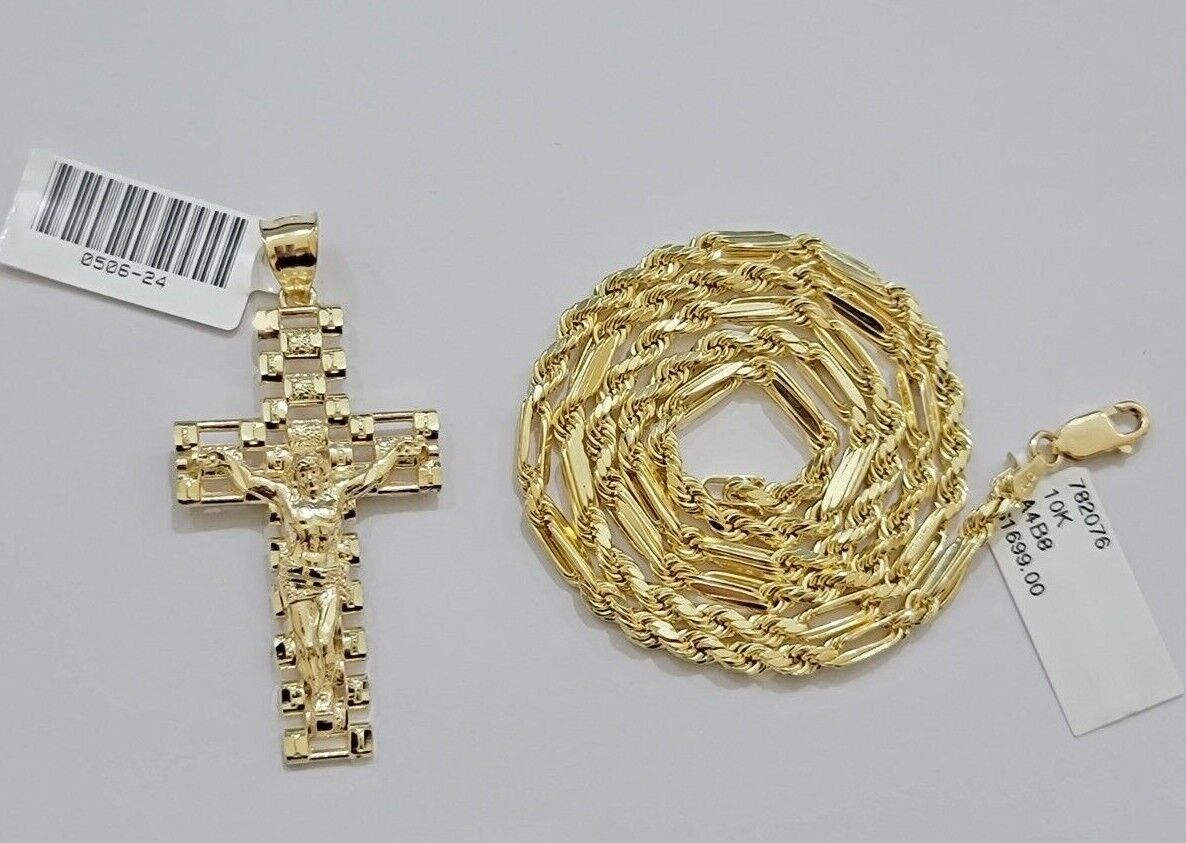 10k Gold Milano Rope Chain Jesus Cross Charm Pendant Set 18-24'' Inches Necklace