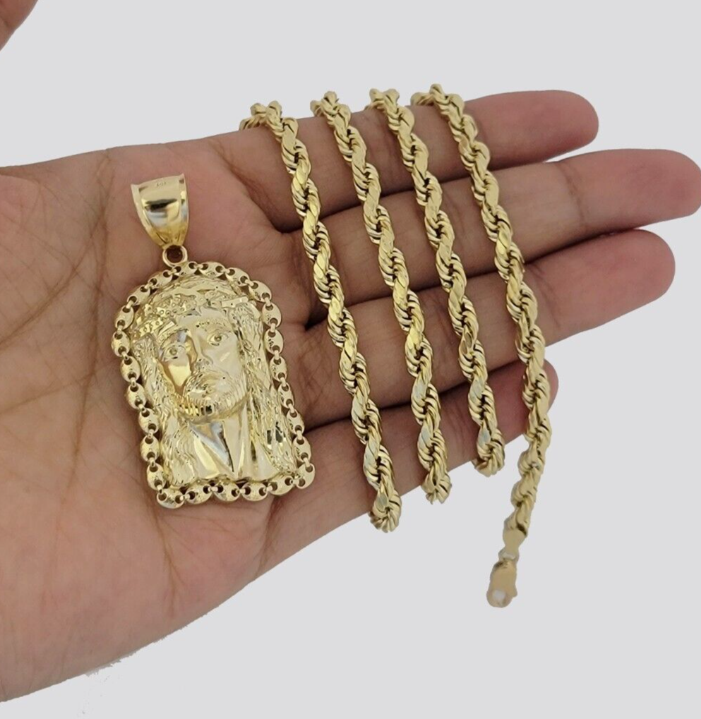 10kt Gold Rope Chain Jesus Head Charm Pendant 5mm 18-28 Inches Necklace SALE NEW