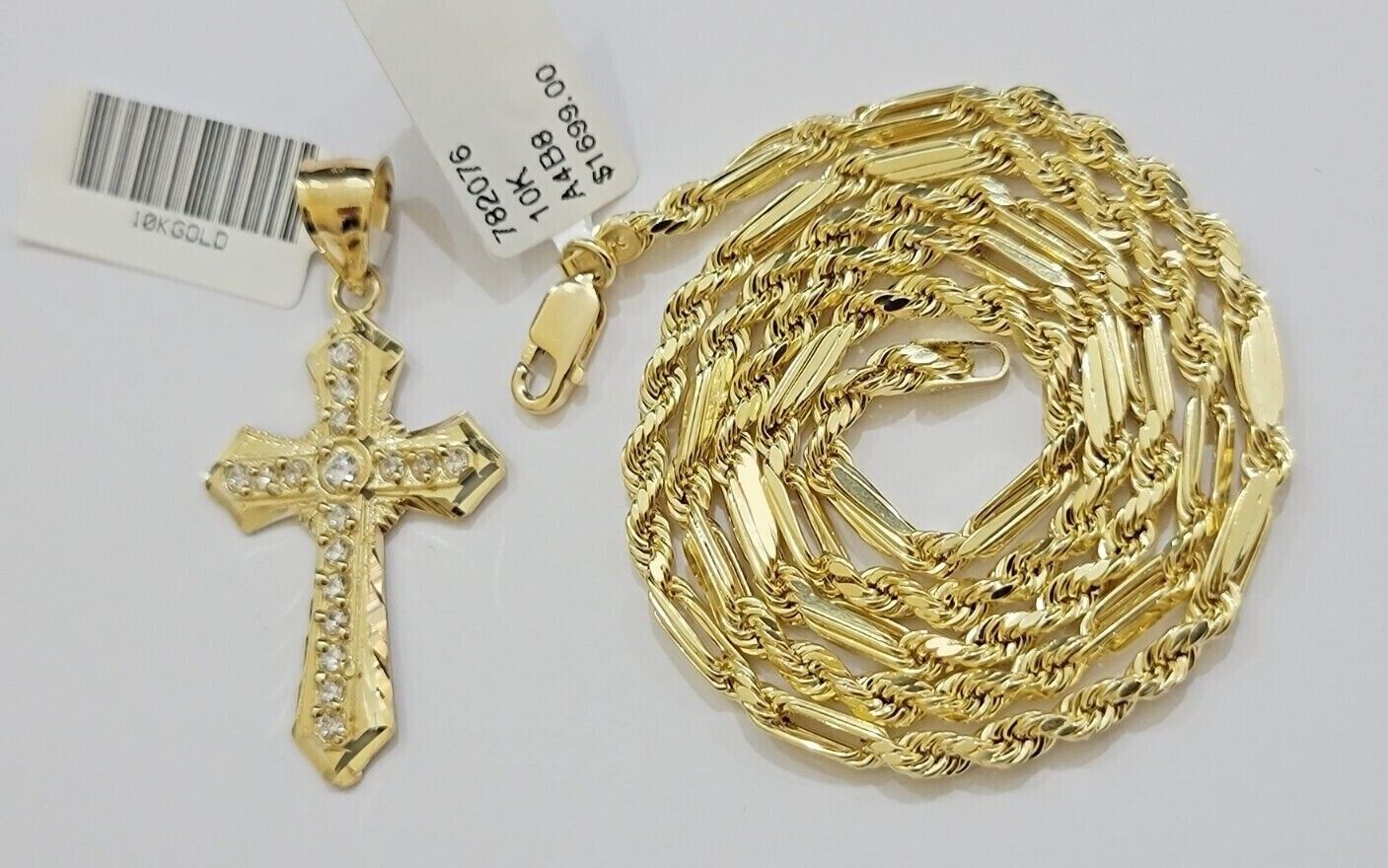 10kt Gold Milano Rope Chain Jesus Cross Charm Pendant Set 18-24'' Inch Necklace