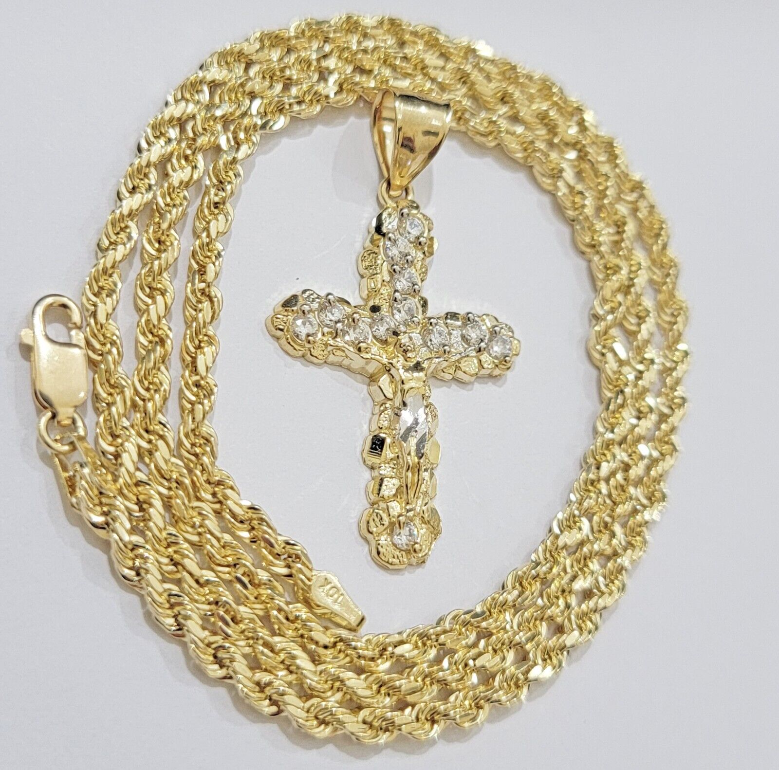 10k Gold Rope Chain Jesus Cross Charm Pendant Set 18-28