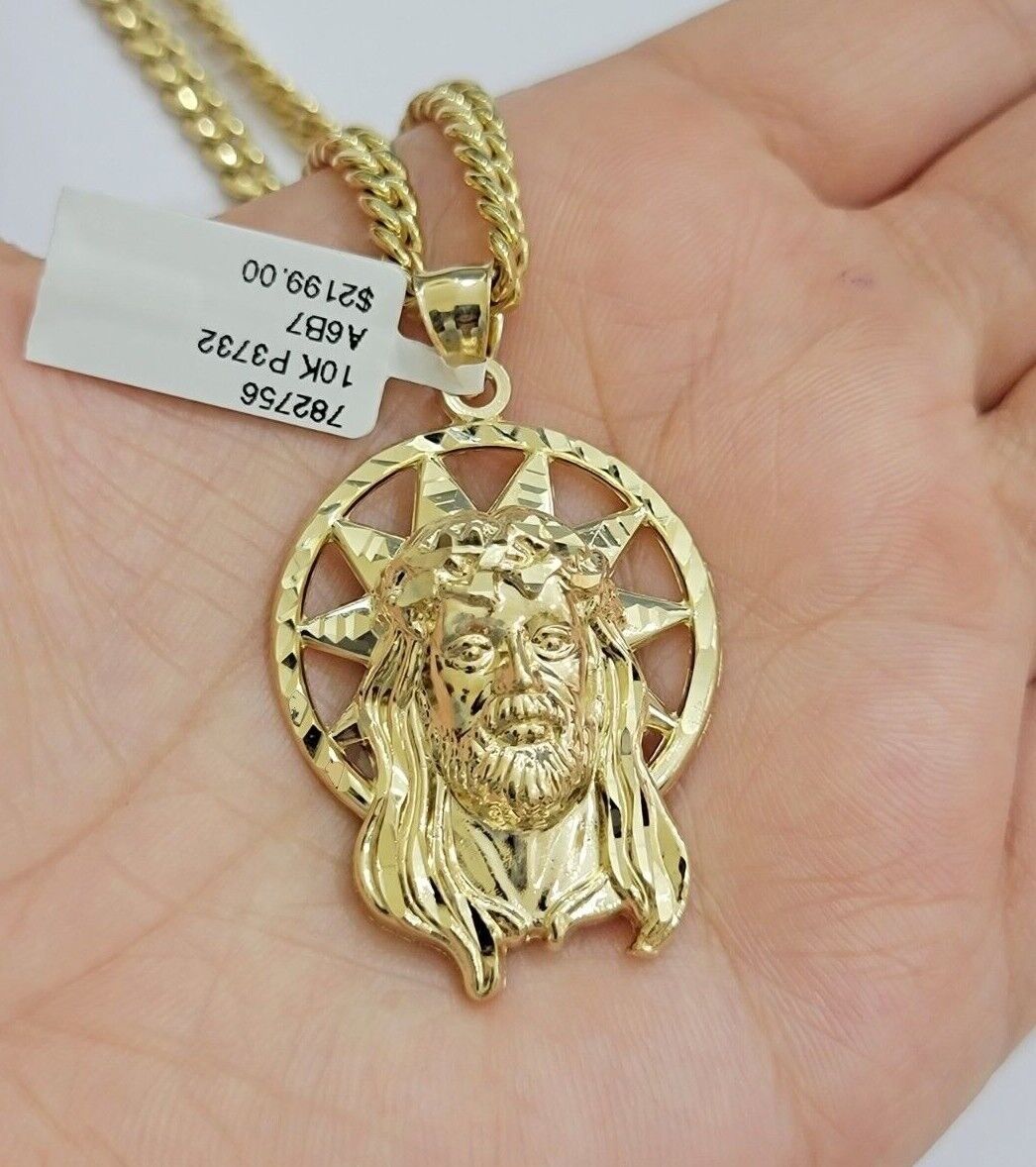10kt Gold Miami Cuban Chain Jesus Head Charm Pendant Set 18-28 Inch 5mm Necklace