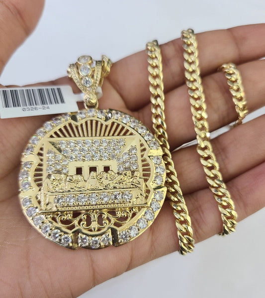 10k Gold Chain Last Supper Pendant Set Miami Cuban link Necklace 5mm 20-30 Inch