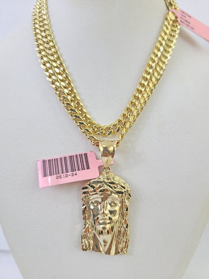 Real 14k Gold Chain Jesus Head Pendant Set 14kt Miami Cuban Link Chain 5mm Charm