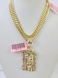 Real 14k Gold Chain Jesus Head Pendant Set 14kt Miami Cuban Link Chain 5mm Charm