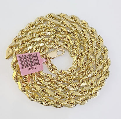 Real Gold 14k Rope Necklace Mens Chain 5mm 20"-26" Yellow Gold Diamond Cuts 10KT