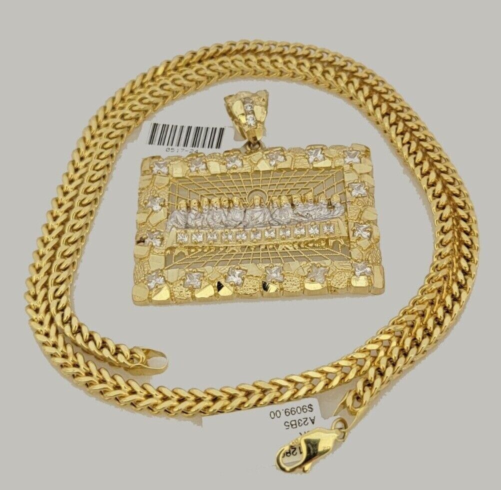 10k Gold Franco Chain Nugget Last Supper Charm Pendant 5mm 20-26 Inches Necklace