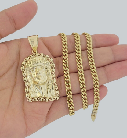 10kt Gold Miami Cuban Chain Jesus Head Charm Pendant 5mm 18-28Inch Necklace SALE