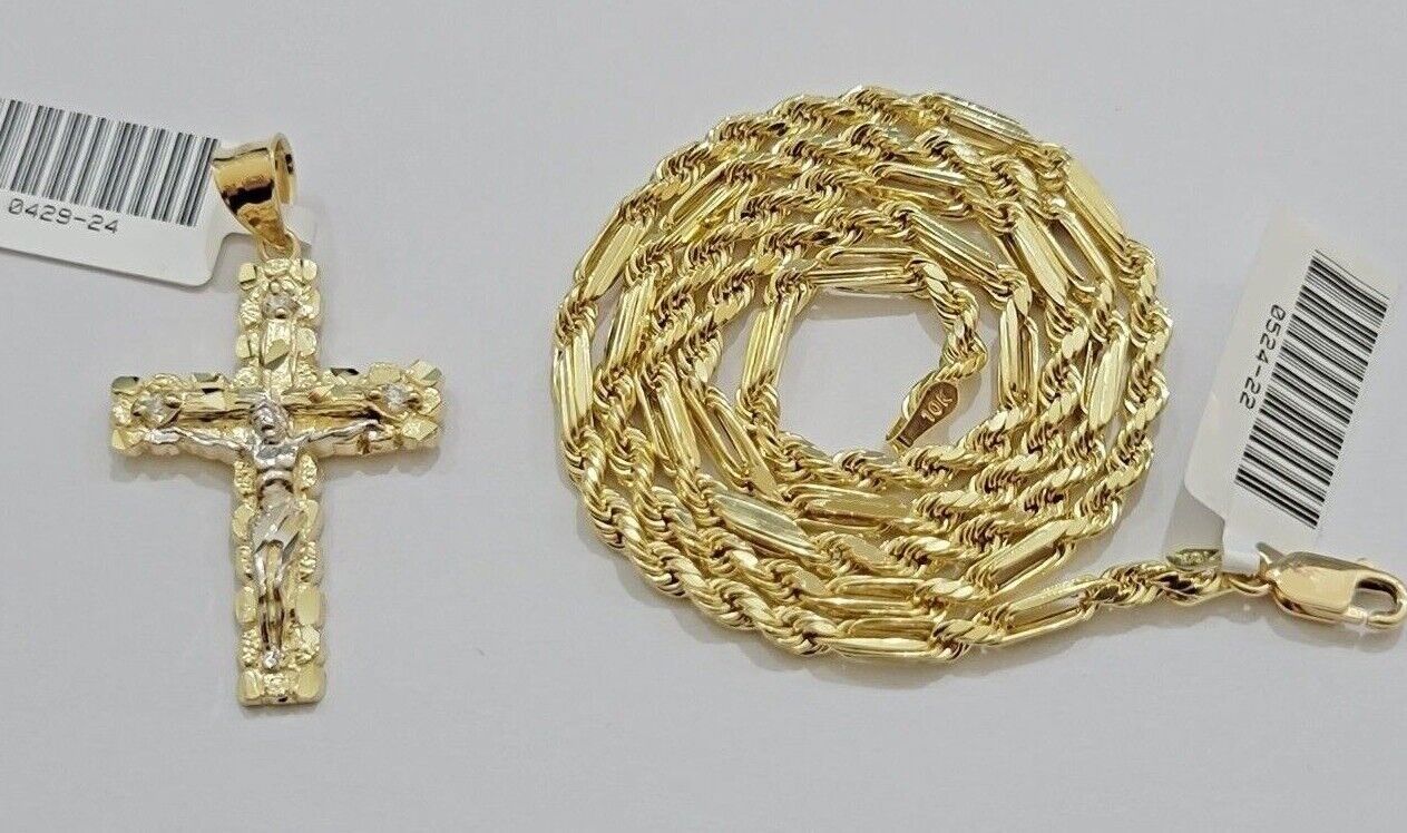 10kt Gold Milano Rope Chain Cross Charm Pendant Set 18-24 Inch 3mm Necklace REAL