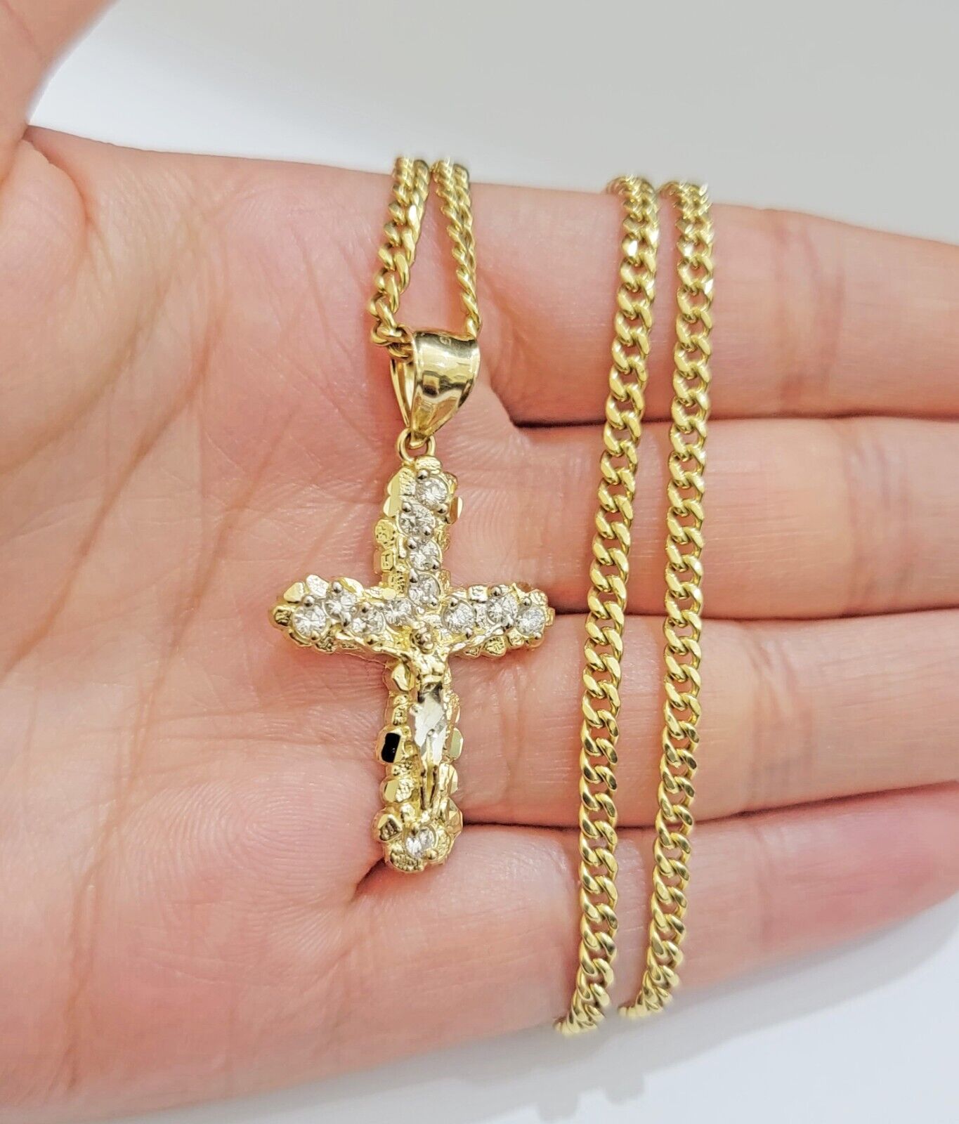 Real 10k Gold Jesus Cross Charm Chain Set Miami Cuban Link Necklace 2.5mm 18-26"