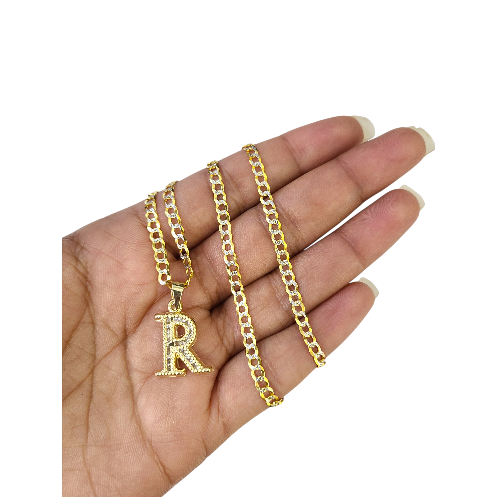 10k Gold Cuban Curb Chain Necklace R Initial Alphabet Pendant Charm 3m ...