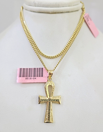 Real 14k Gold Chain Jesus Cross Pendant Set 14kt Miami Cuban Chain 2mm Charm