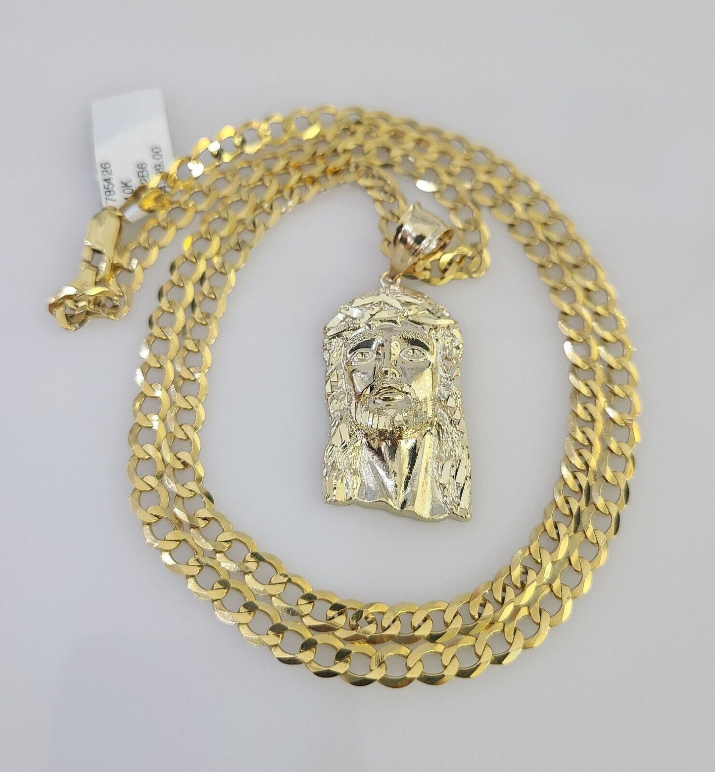 10k Gold Chain Necklace Jesus Head Pendant Set Cuban Curb 5mm 20"-28" Charm