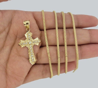 10k Yellow Gold Franco Chain Jesus Cross Charm Pendant 2mm 16-24 Inches Necklace