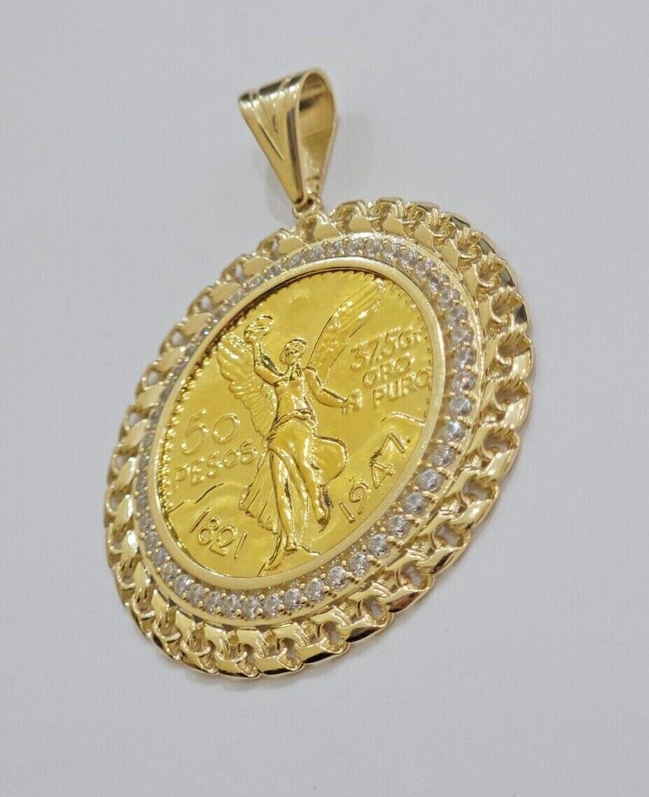 10k Gold Mexican Centenario Copy Coin Charm 50 Pesos Bezel 10kt Pendant Replica