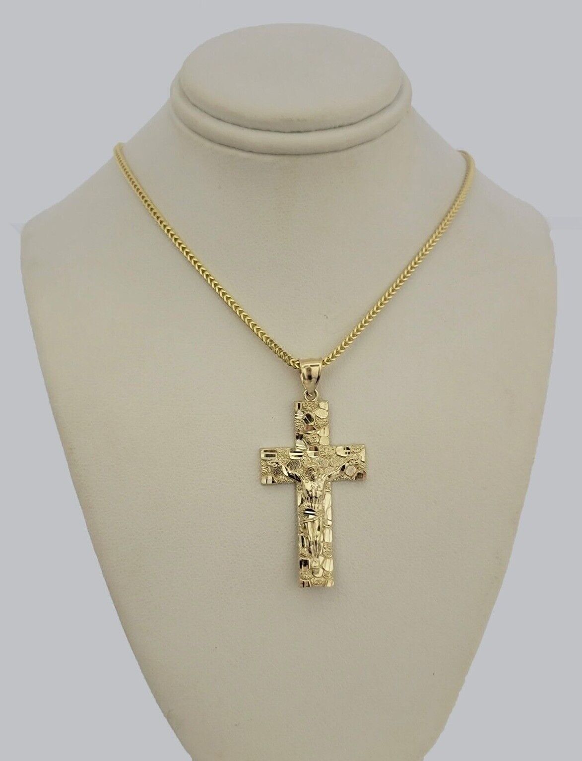 10k Gold Franco Chain Jesus Nugget Cross Charm Pendant 2mm 16-24 Inches Necklace