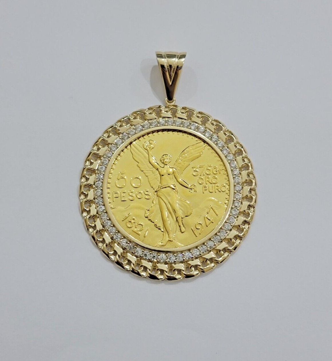 1947 Mexican Centenario Coin Charm Pendant Replica 50 Pesos With Bezel 10kt Gold