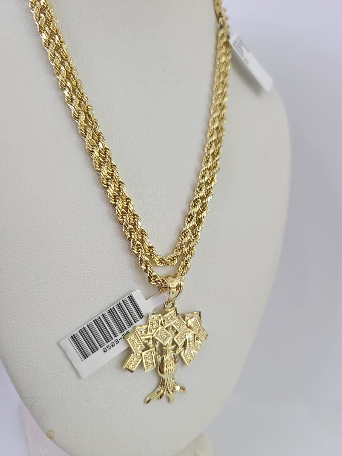 money tree chain REAL 10k Rope Chain Money Tree Charm Pendant 3mm Necklace Set 18"-30" in 18 Inch (Short Length)