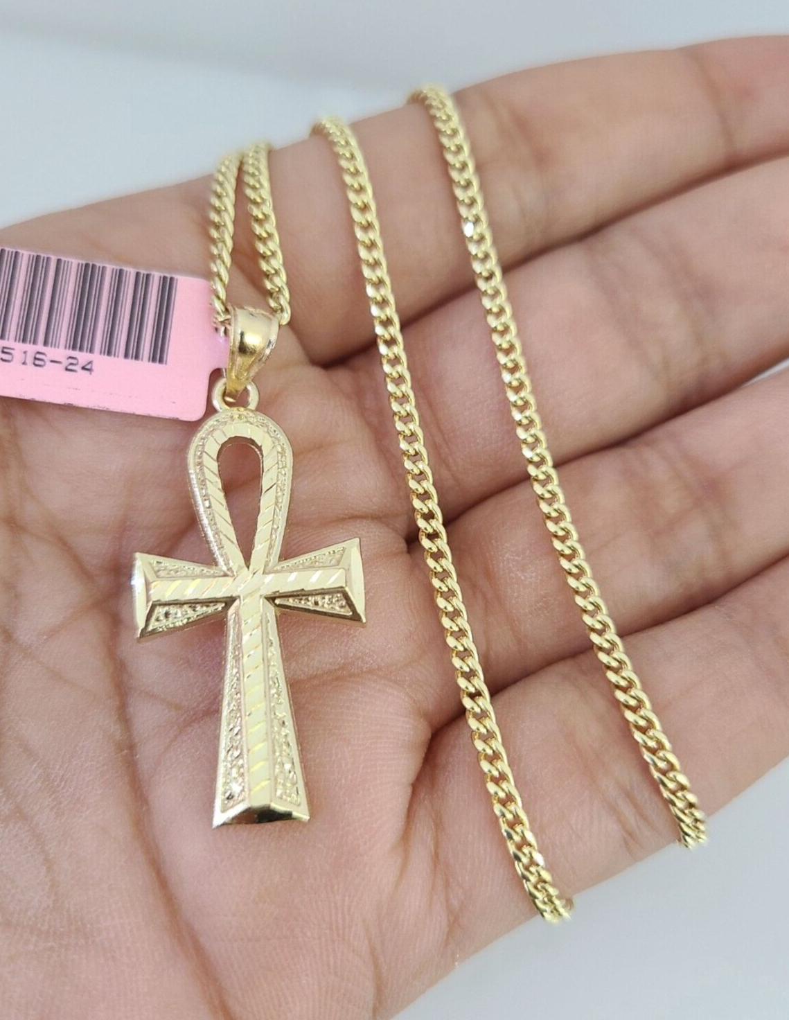 Real 14k Gold Chain Jesus Cross Pendant Set 14kt Miami Cuban Chain 2mm Charm