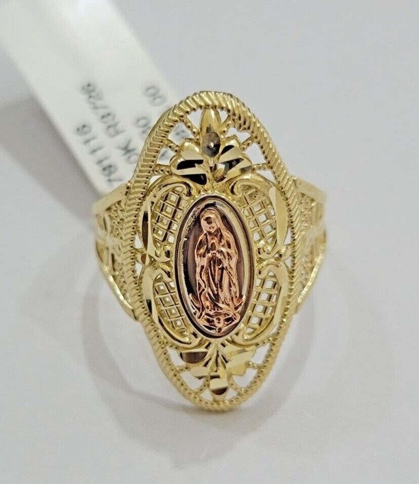 Ladies Ring 10k Yellow Gold Virgin Mary Cross 10KT REAL Gold Unique Size 5.5 END