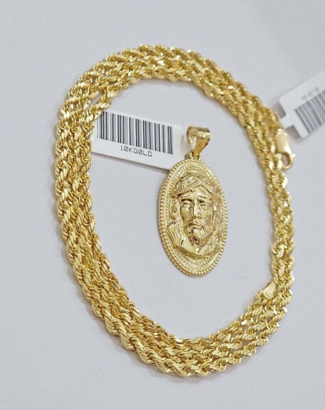 10k Gold Rope Chain Jesus Head Charm Pendant Set 18-28" Inch 3mm Necklace REAL