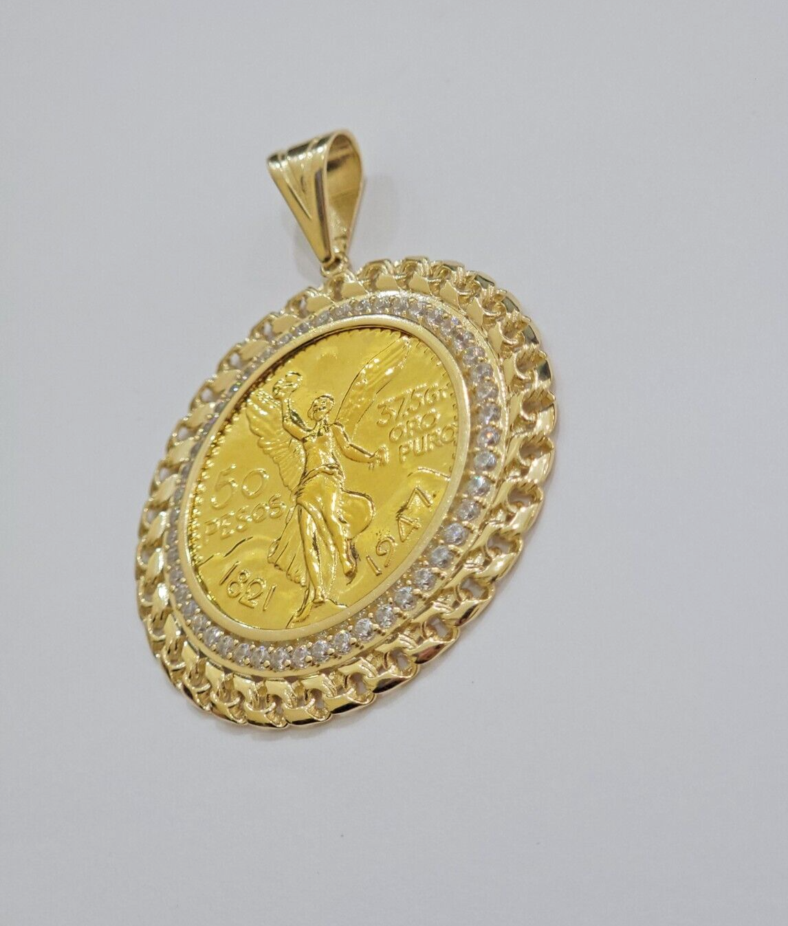 1947 Mexican Centenario Coin Charm Pendant Replica 50 Pesos With Bezel 10kt Gold