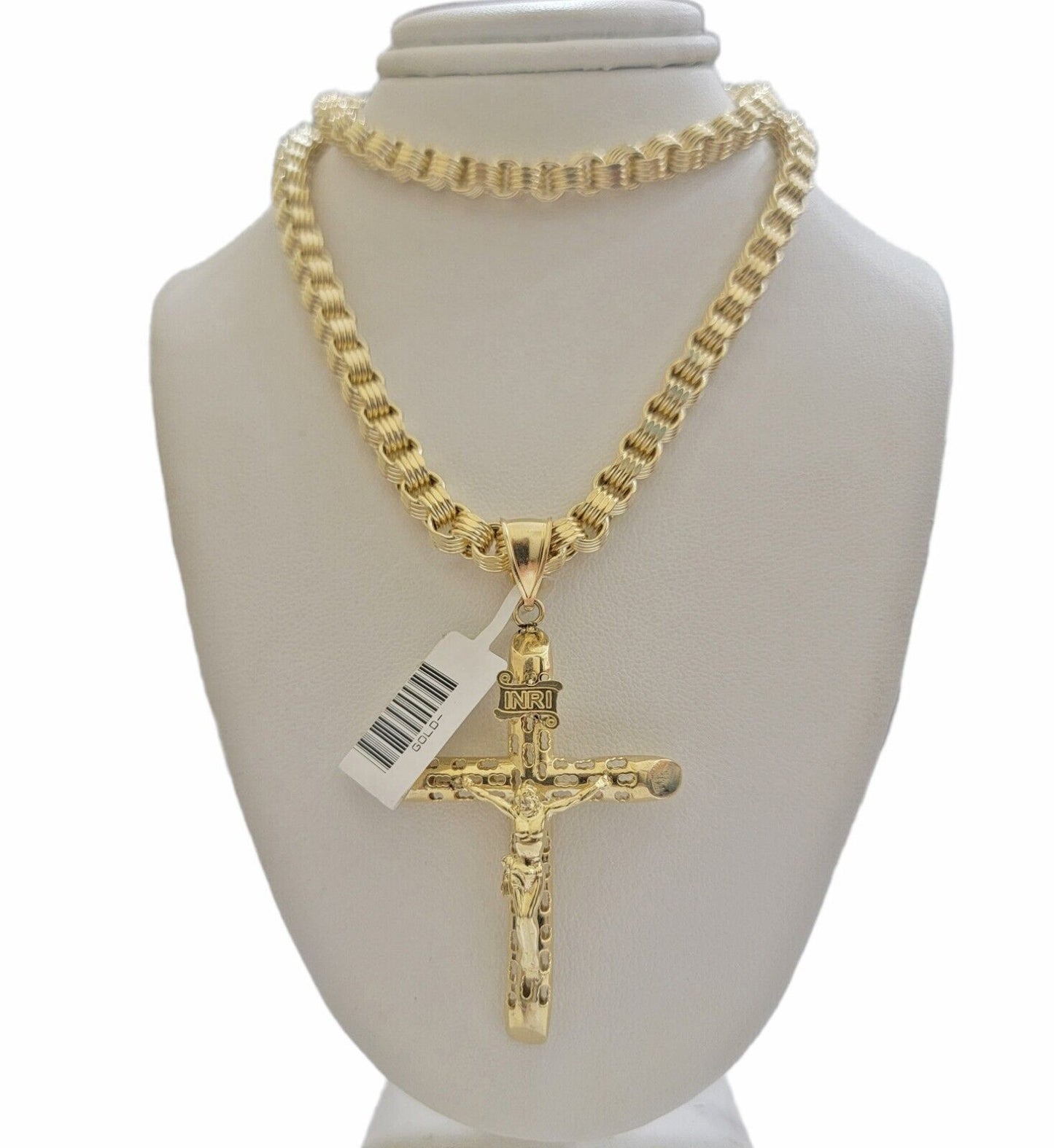 Byzantine chain and Cross charm pendant 10k Yellow Gold set 5mm Necklace 20"-28"