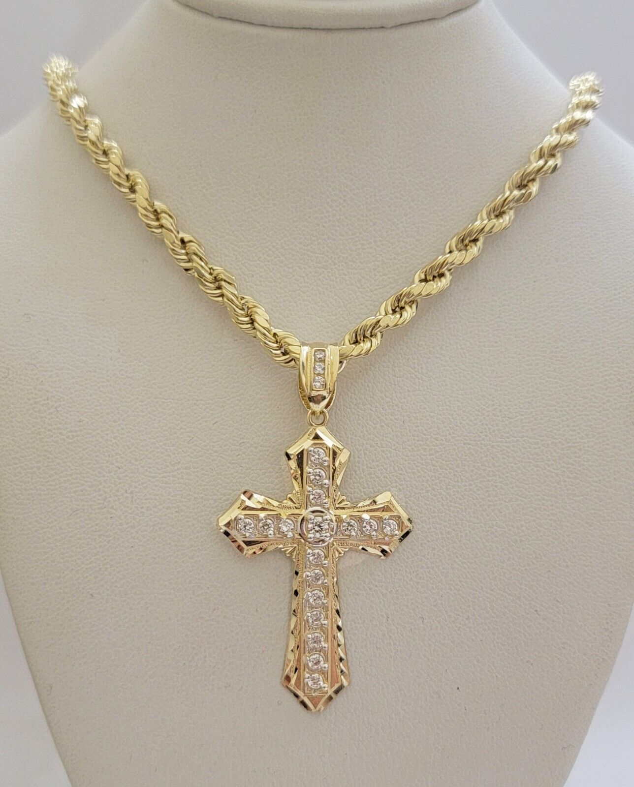 10k Gold Rope Chain Necklace Cross Charm Pendant Set 18-28" inch 5mm, REAL 14kt