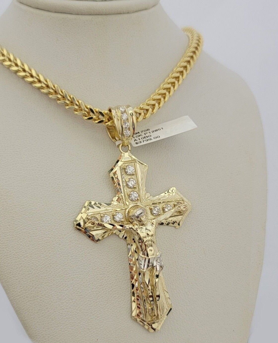 10k Yellow Gold Franco Chain Necklace Jesus Cross Charm Pendant 5mm 20-26 Inches