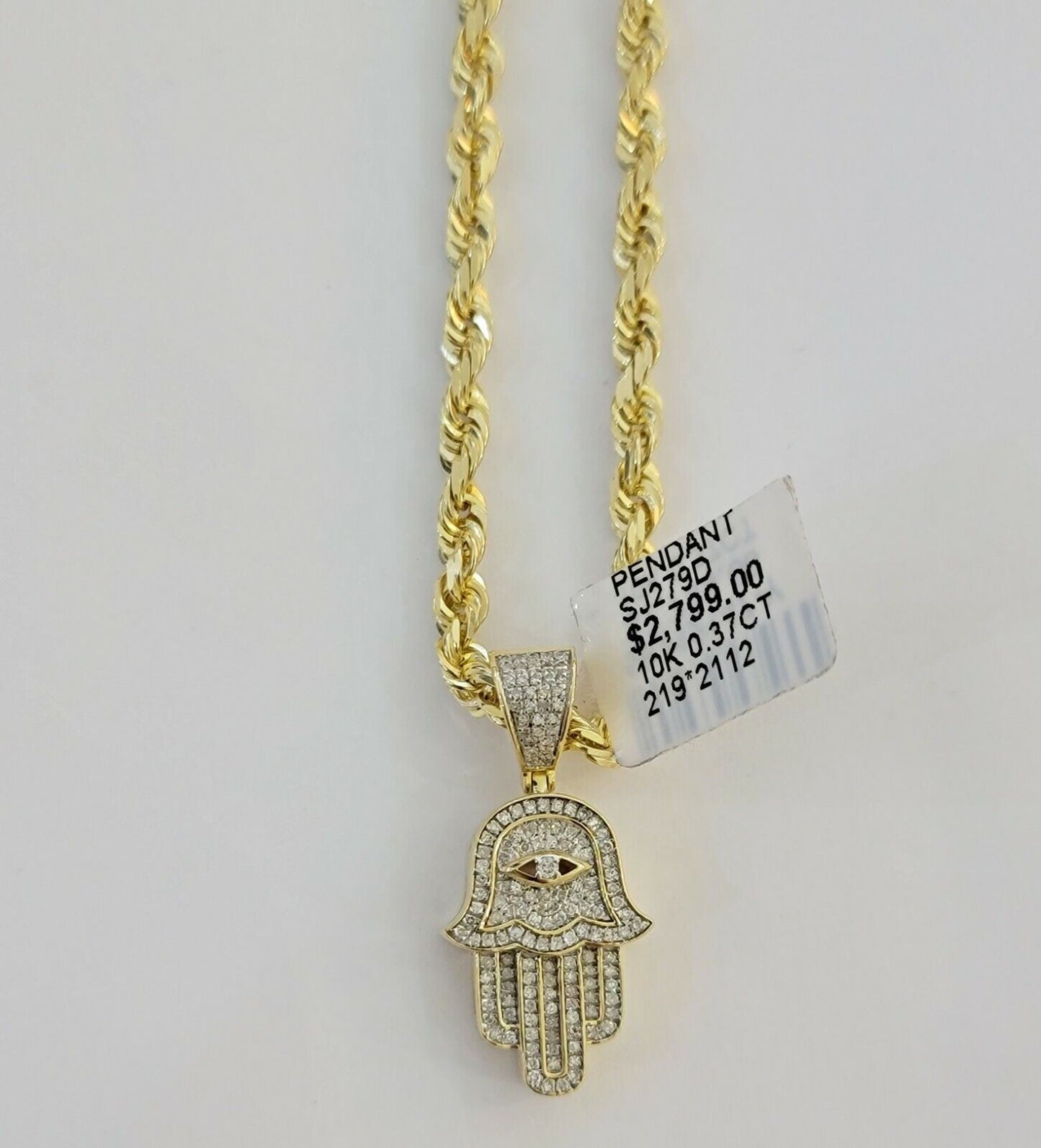 10k Gold Rope Chain necklace Hamsa Diamond Pendant Hamza Charm Necklace REAL