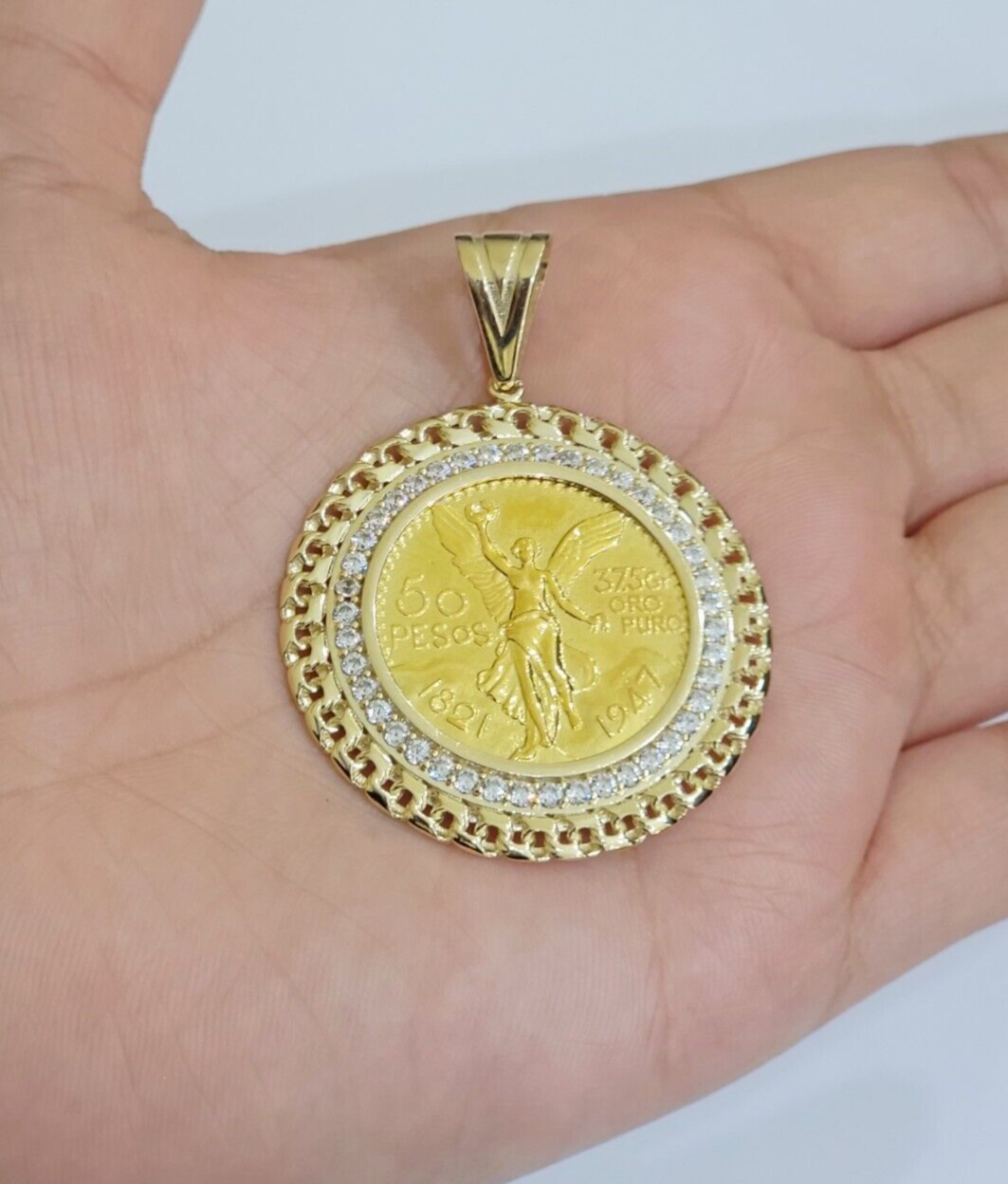 Mexican Centenario Coin 1947 Charm Pendant Replica 50 Pesos With Bezel 10kt Gold