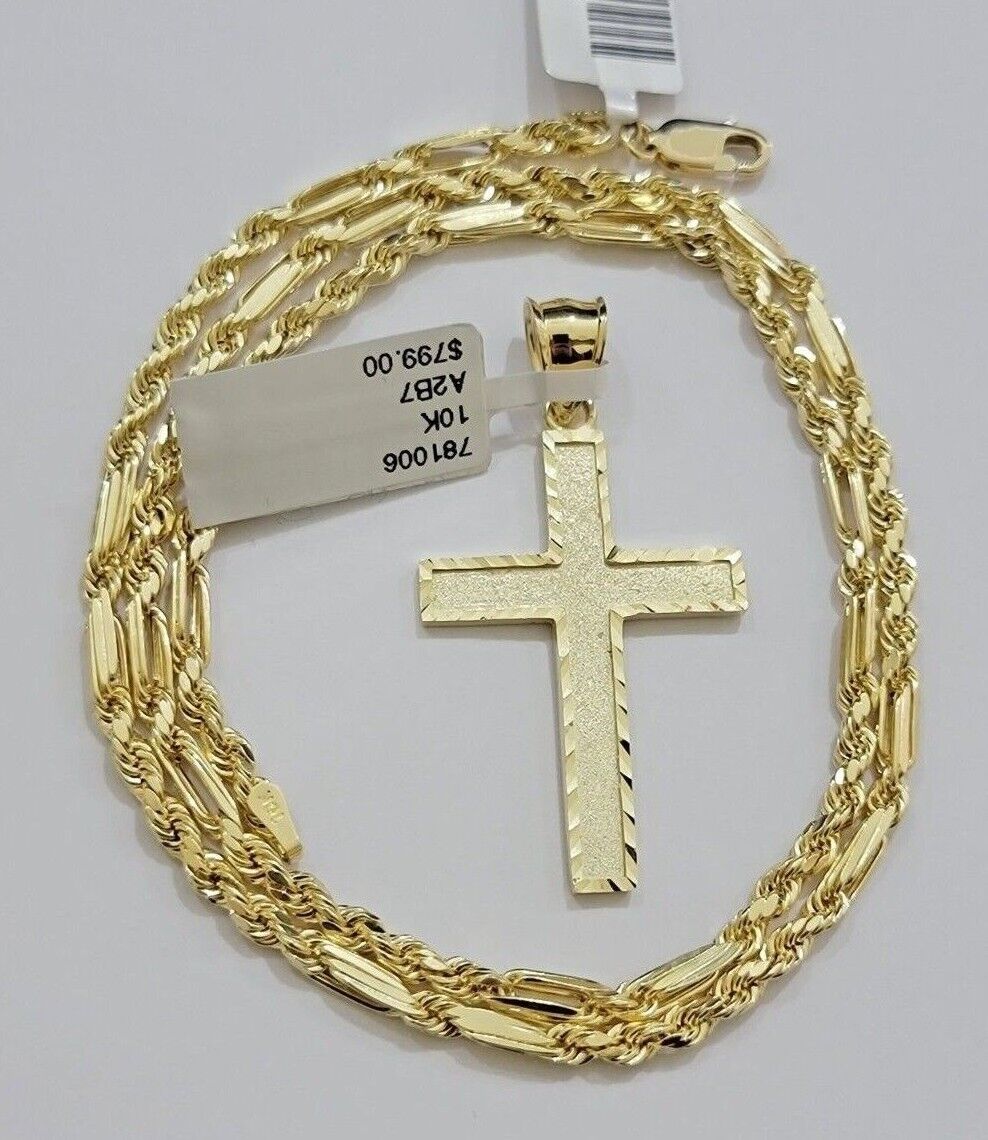 10k Gold Milano Rope Chain Plain Cross Charm Pendant Set 18-24'' Inches Necklace