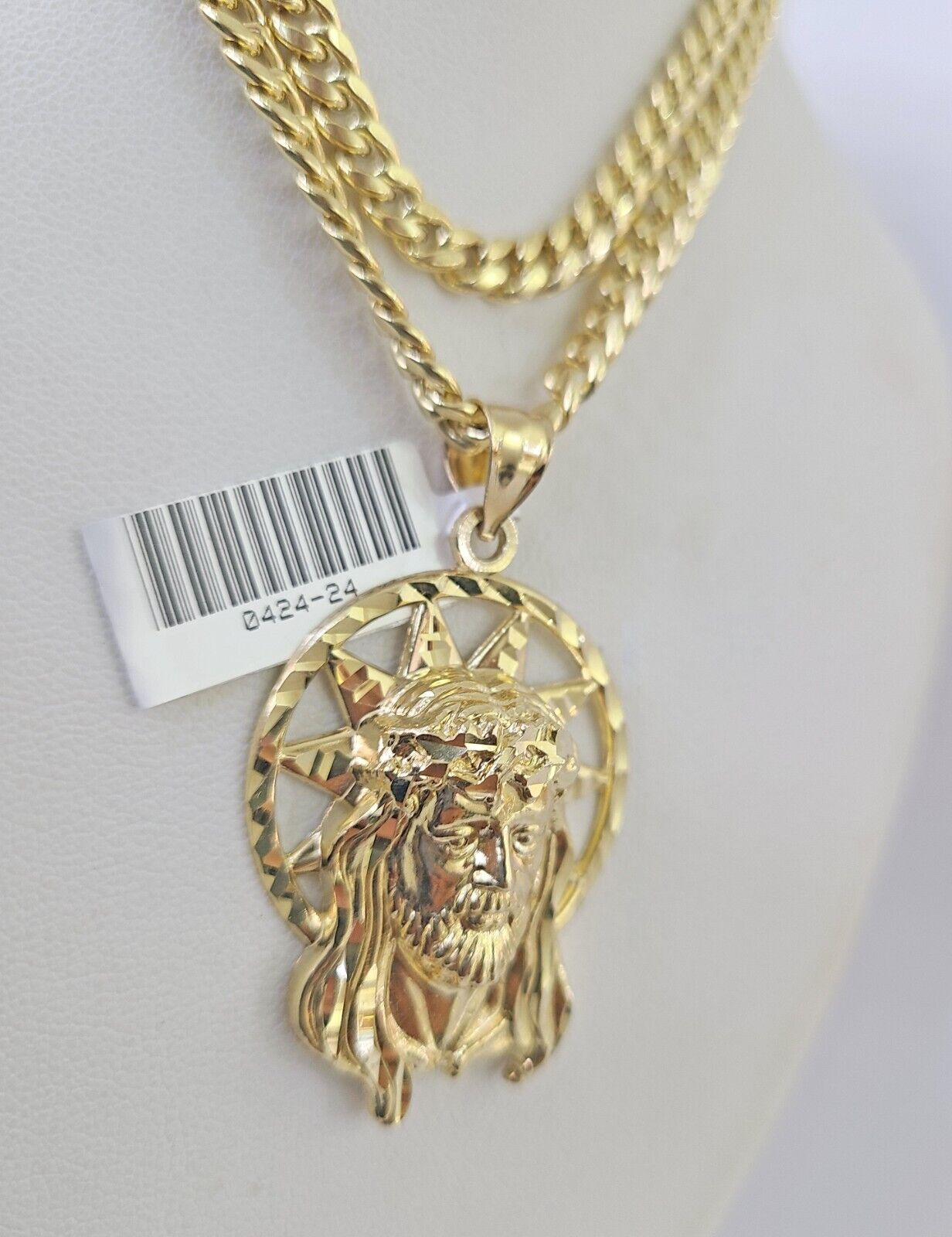 10k Gold Chain Jesus Head Pendant Set Miami Cuban link Necklace 5mm 20-30 Inch