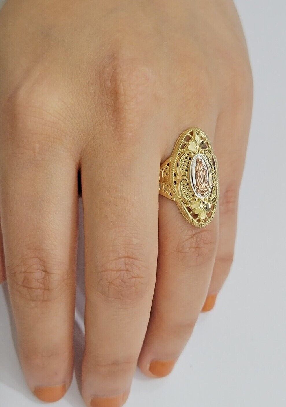 Ladies Ring 10k Yellow Gold Virgin Mary Cross 10KT REAL Gold Unique Size 5.5 END