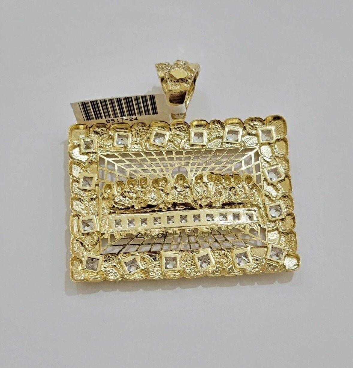 Real 10k Gold Box Byzantine Necklace Last Supper Charm Pendant Chain 6mm 20 Inch