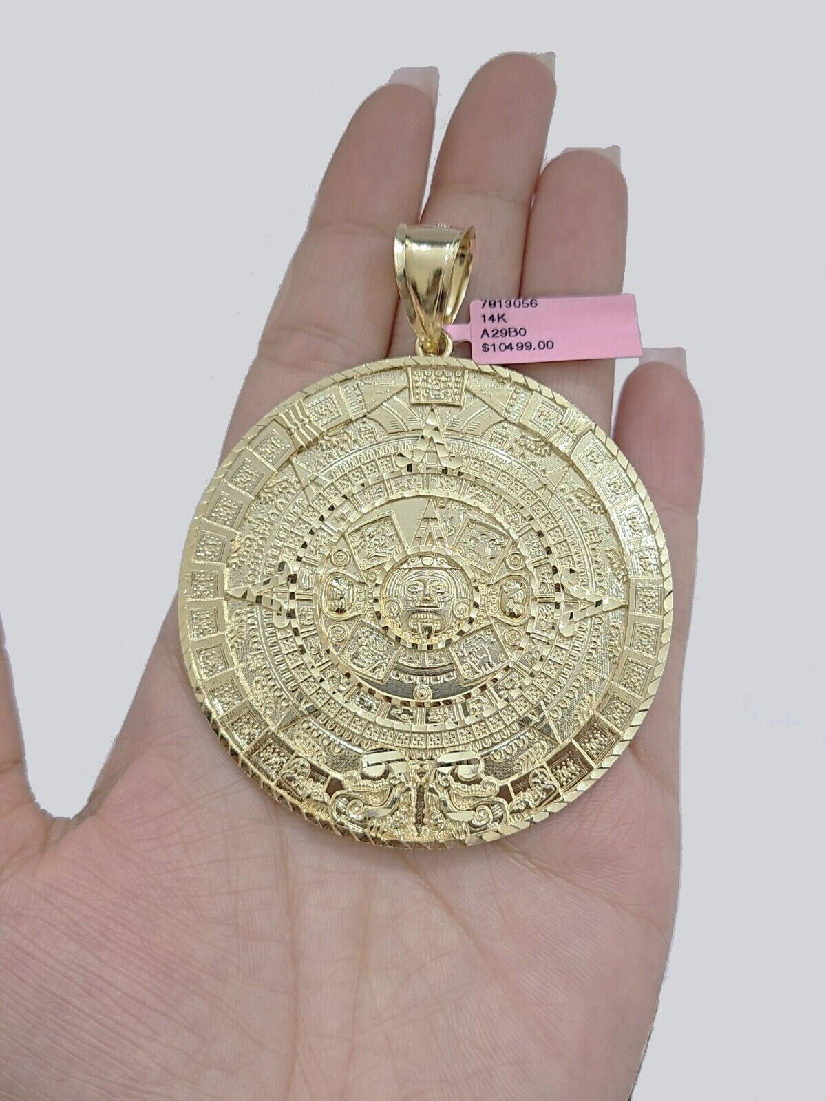 SOLID Real 14k Gold Charm Pendant Aztec Mayan Calendar 2" Men's Round Style 14k
