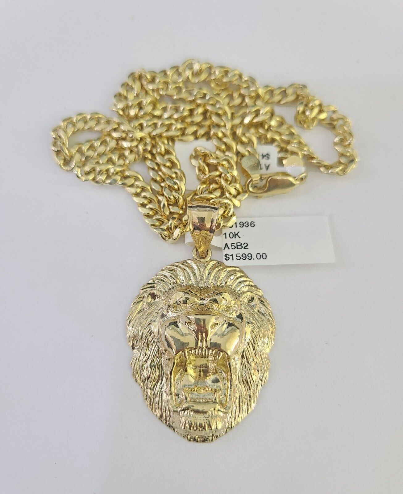 10k Gold Chain Roaring Lion Pendant Set Miami Cuban link Necklace 5mm 20"-30"