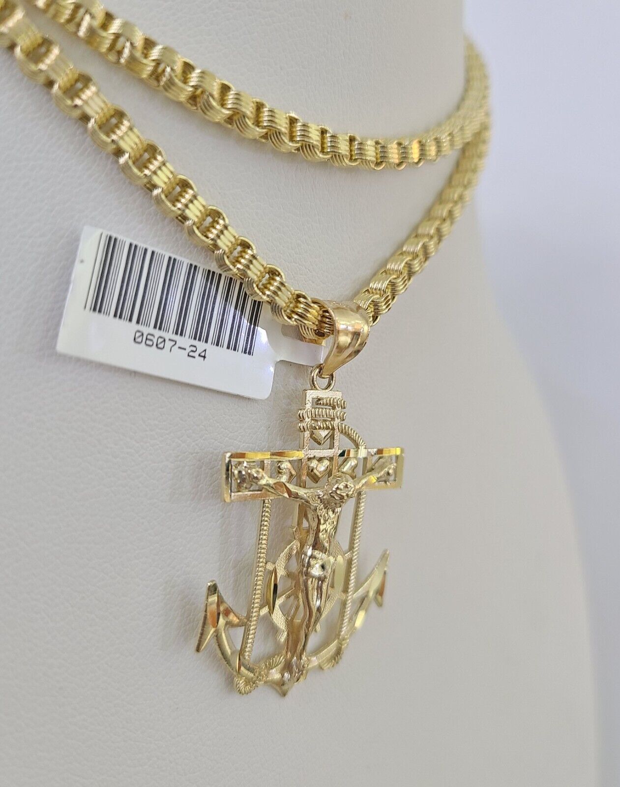 Real 10k Gold Box Byzantine Necklace Jesus Anchor Charm SET 3mm 22" Inches Chain