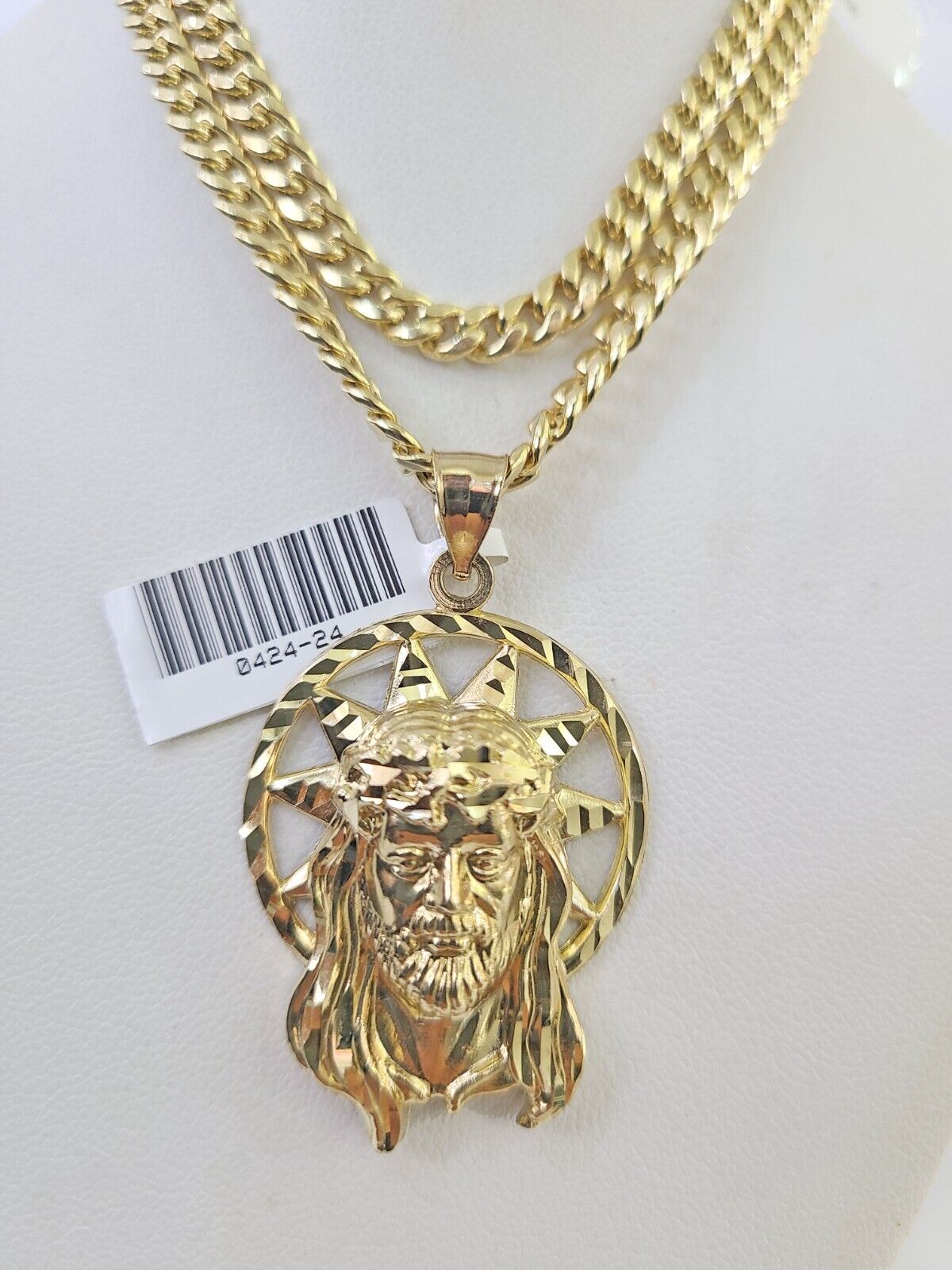 10k Gold Chain Jesus Head Pendant Set Miami Cuban link Necklace 5mm 20-30 Inch