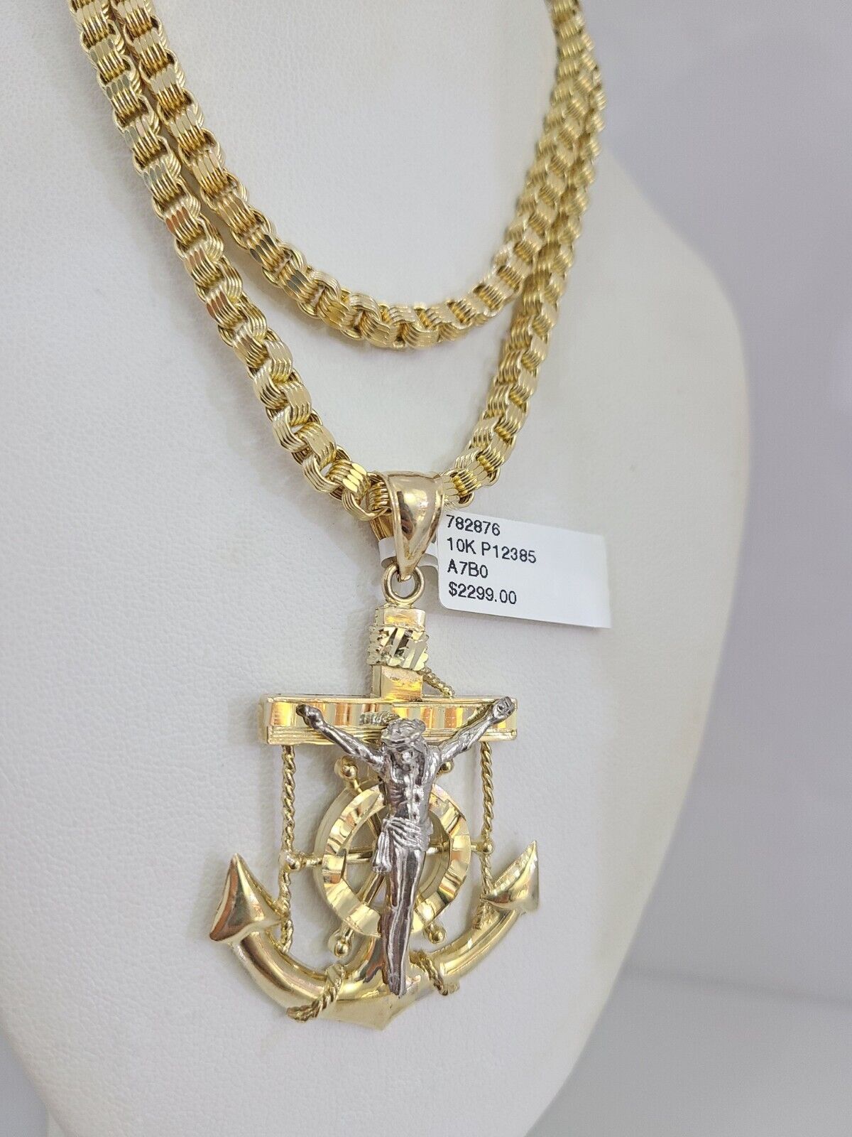 Real 10k Gold Byzantine Necklace Jesus Anchor Charm SET Chain 20"-28" 4mm