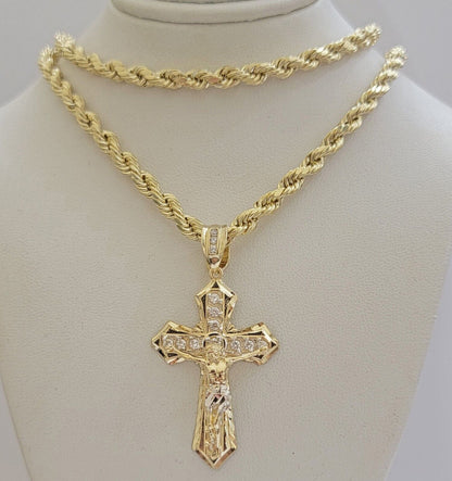 10k Gold Rope Chain Necklace Cross Charm Jesus Pendant Set 18-28" 5mm, REAL 10KT